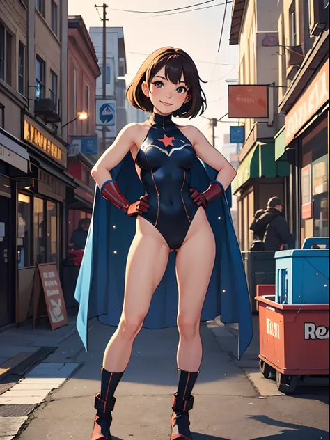 (best quality, masterpiece), 1girl, solo, glitter, leotard, bare legs, particle, superhero, boots, gloves, clenched fists, standing, hands on hip, smile, city backdrop