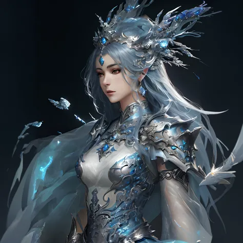 Close up portrait of woman in silver dress with blue feathers, epic exquisite character art, chengwei pan on artstation, Stunning character art, detailed fantasy art, pale blue armor, by Yang J, fanart best artstation, Ice Crystal Armor, by Qu Leilei, G Li...