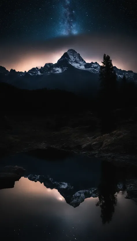 Agua, Mar, cielo oscuro, lluvia, Mountains, Estrellas, Starfall, Paisaje accidentado, majestic mountains, constelaciones en el cielo, via lactea, agujero oscuro, ambiente misterioso y oscuro, (((Dark))), (((Misterio)))