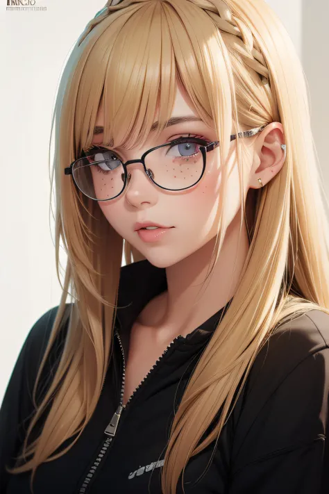 una chica rubia con pecas en la cara y gafas, retrato hd