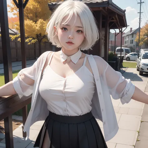 Very short hairstyle、Little fat girl、１５age、white  hair、short-haired、A little angry face、sulky face、Autumn landscape、Hair illuminated by the sun、Little fat woman、skirt by the、white  hair、shorth hair、Troubled face、hightquality、a miniskirt、校服、tanned face、larg...