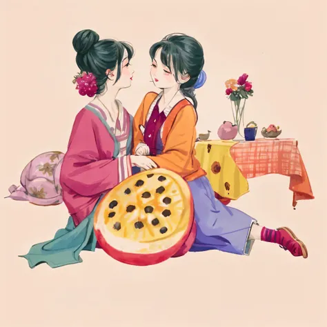 Two women leaning on passion fruit， A beautiful artwork illustration, in style of digital illustration, Colorful illustrations, Colorful illustration, Flat illustration, editorial illustration colorful, digital art illustration, full-colour illustration, I...