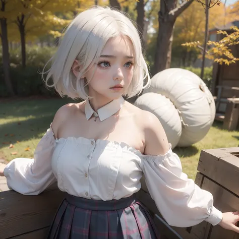 Very short hairstyle、Little fat girl、１５age、white  hair、short-haired、A little angry face、sulky face、Autumn landscape、Hair illuminated by the sun、Little fat woman、skirt by the、white  hair、shorth hair、Troubled face、hightquality、a miniskirt、校服、tanned face、tiny...