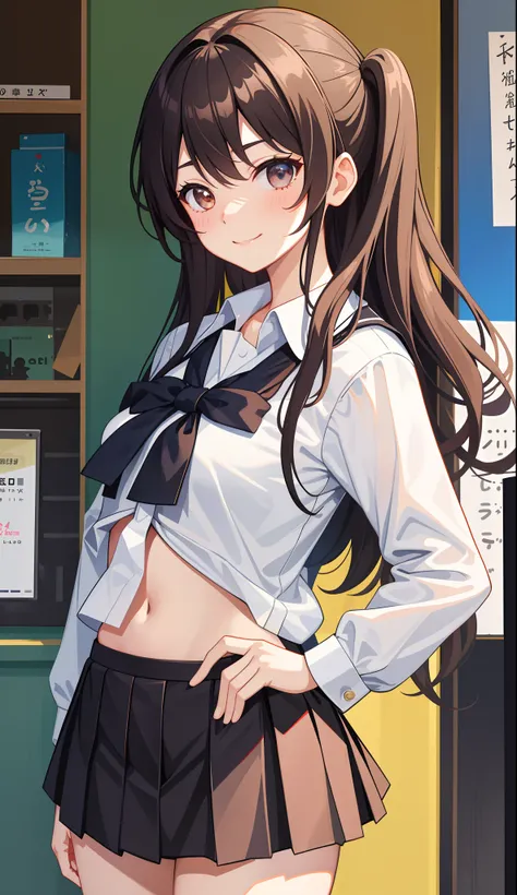 1girl in、AS-Adult、A smile、（Tsundere）、The shirt、skirt by the、（small tits）Chilarism、Japan High School Student Uniform、serafuku、summer clothing、（Sheer Bra）、Upper body portrait、