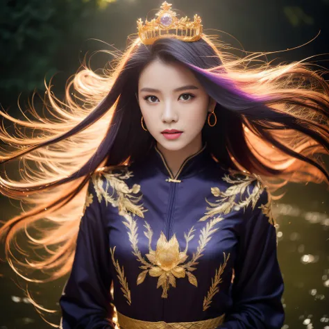 Cornmeal glass 32K（tmasterpiece，k hd，hyper HD，32K）Long flowing bright purple hair，Autumn Pond，zydink， a color， Asian people （Kizi）， （Red scarf）， Combat posture， looking at the ground， long whitr hair， Floating bright purple， Fire cloud pattern gold tiara， ...