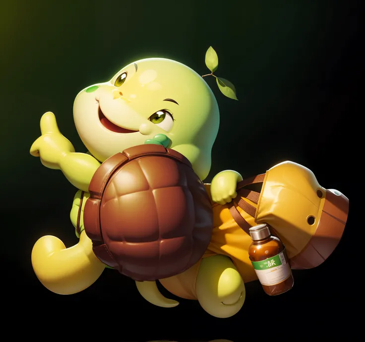 Cute cartoon,Go back to Likes,Green skin,The shell is brown,Redfaced,ssmile,He holds a yellow cloth bag in his right hand,mineral water,Run,