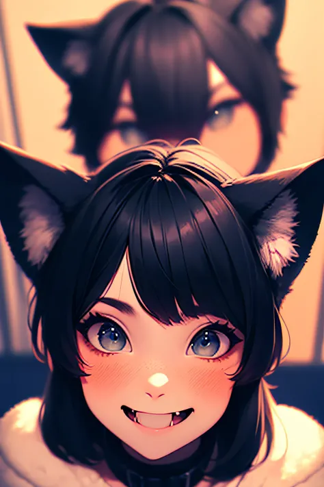 black hair, hair bobbles, wince, longeyelashes, solid circle eyes, fake animal ears, light smile, ear blush, fang, Surrealism, drop shadow, anaglyph, stereogram, tachi-e, pov, atmospheric perspective, 8k, super detail, ccurate, best quality