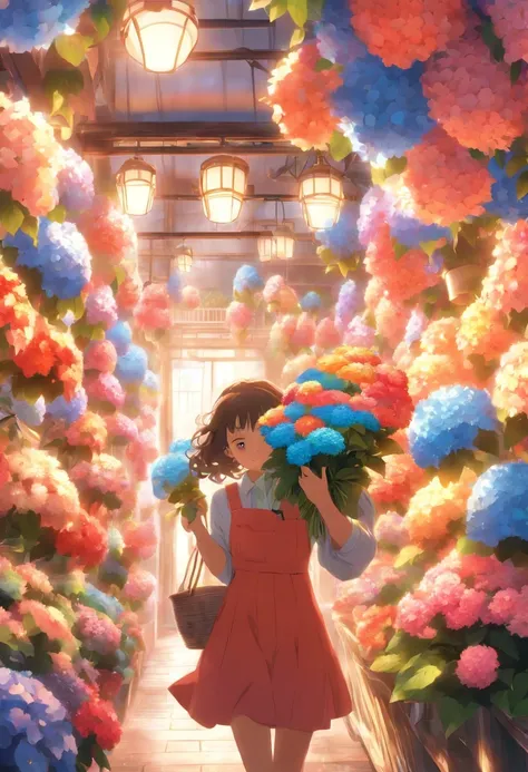 Flower shop、The girl is tending to the bouquet、Full of colorful hydrangeas