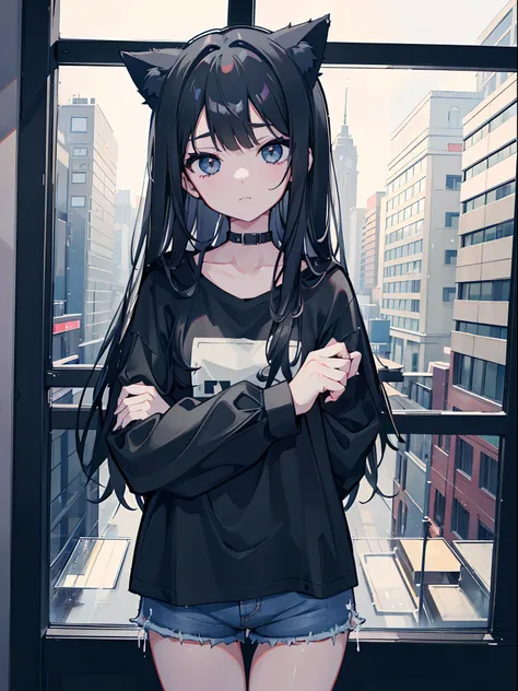 1girl, Long black hair, cat Ears, Black eyes, perfect face, wearing plain black shirt, denim shorts, rainy, window,absurdres, high res, ultra sharp, 8K, masterpiece, looking at viewer