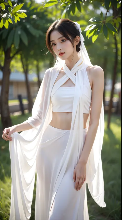 Girl in white shawl and yellow hanfu posing for a photo，Keep your arms behind your back，full bodyesbian，With cropped clothes、brassier，Slim body，Smaller bust，Slim girl model，26-year-old female，HD graphics，