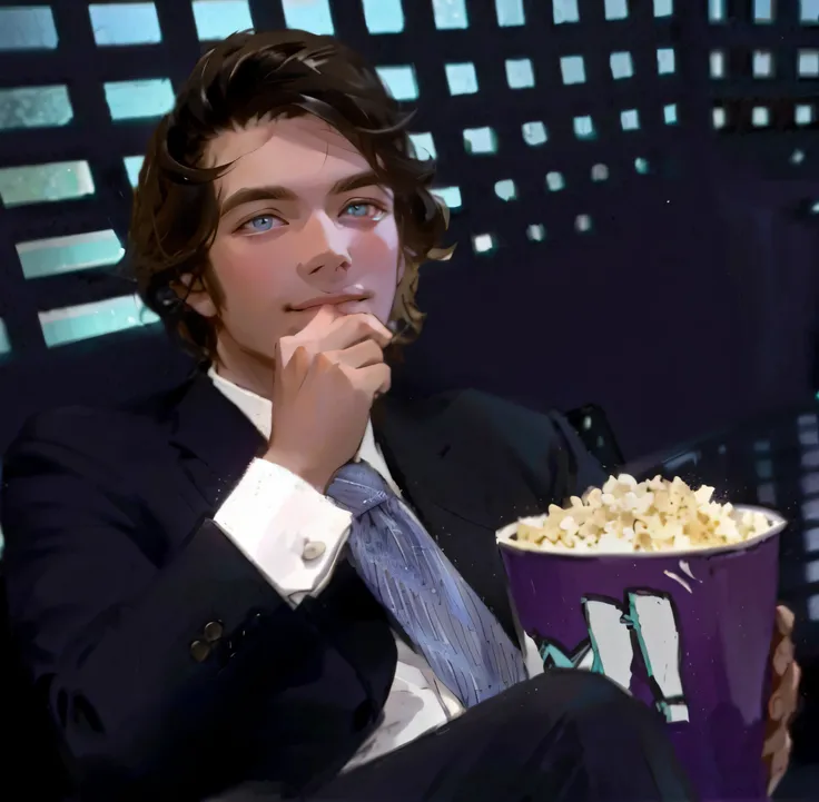 Man in suit and tie holding a bucket of popcorn, pelo largo, ojos azules, estilo anime