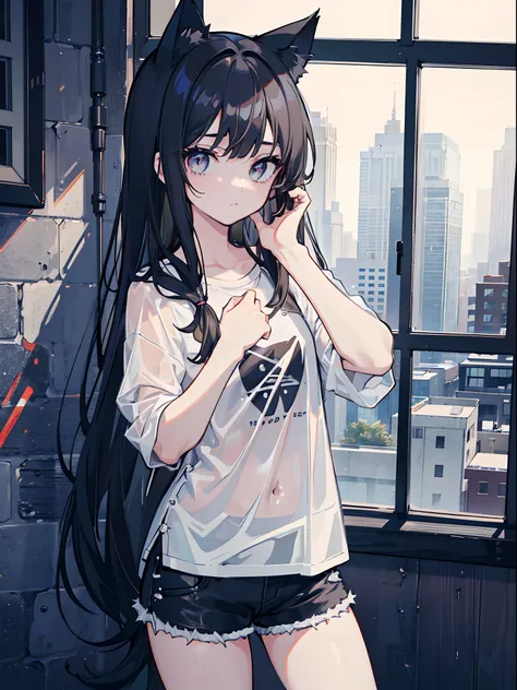 1girl, Long black hair, cat Ears, Black eyes, perfect face, wearing plain black shirt, denim shorts, rainy, window,absurdres, high res, ultra sharp, 8K, masterpiece, looking at viewer