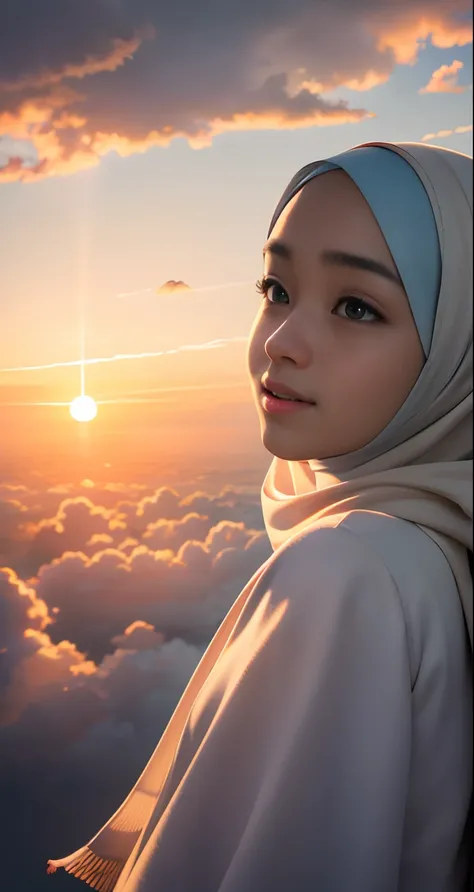 masterpiece, best quality, movie still, 1 malay girl in hijab, cloud girl, floating in the sky, close-up, bright, happy, warm soft lighting, sunset, (sparks:0.7)