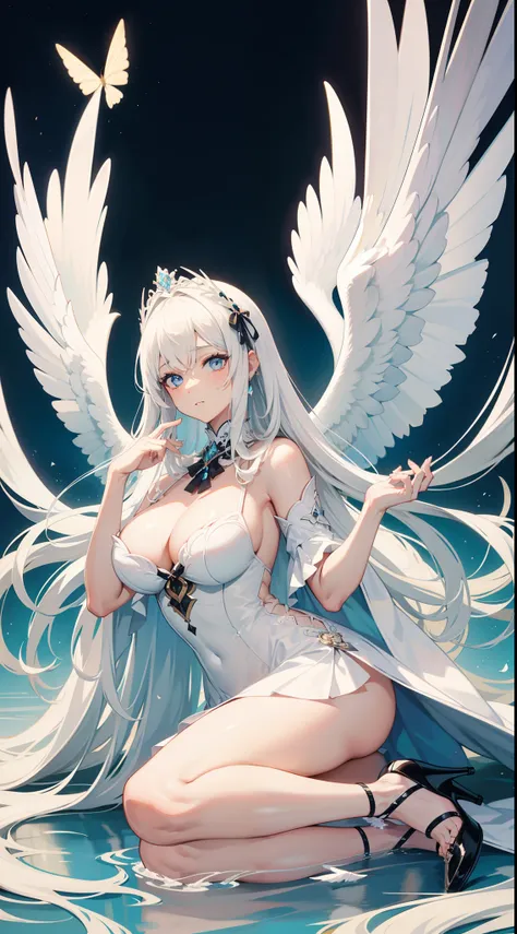 masterpiece, best quality, ultra -detailed, finely detail, White girl, angel, big wings, white hair, blue eyes, sexy, sexy pose, pastel blue dress, full body, long hair, fringe, black dress, black shoes, acessories, wings on the back, hands on the dress