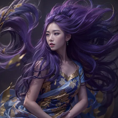 Cornmeal glass 32K（tmasterpiece，k hd，hyper HD，32K）Long flowing bright purple hair，Autumn Pond，zydink， a color， Asian people （Kizi）， （Red scarf）， Combat posture， looking at the ground， long whitr hair， Floating bright purple， Fire cloud pattern gold tiara， ...