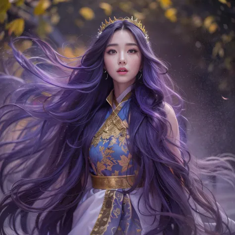 Cornmeal glass 32K（tmasterpiece，k hd，hyper HD，32K）Long flowing bright purple hair，Autumn Pond，zydink， a color， Asian people （Kizi）， （Red scarf）， Combat posture， looking at the ground， long whitr hair， Floating bright purple， Fire cloud pattern gold tiara， ...