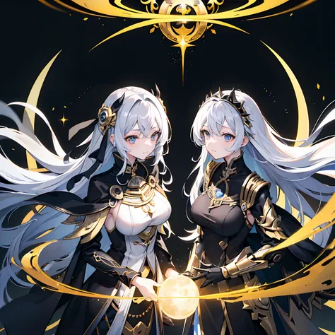 Mechanical background、Black and Gold World、Silver hair、woman、mystical