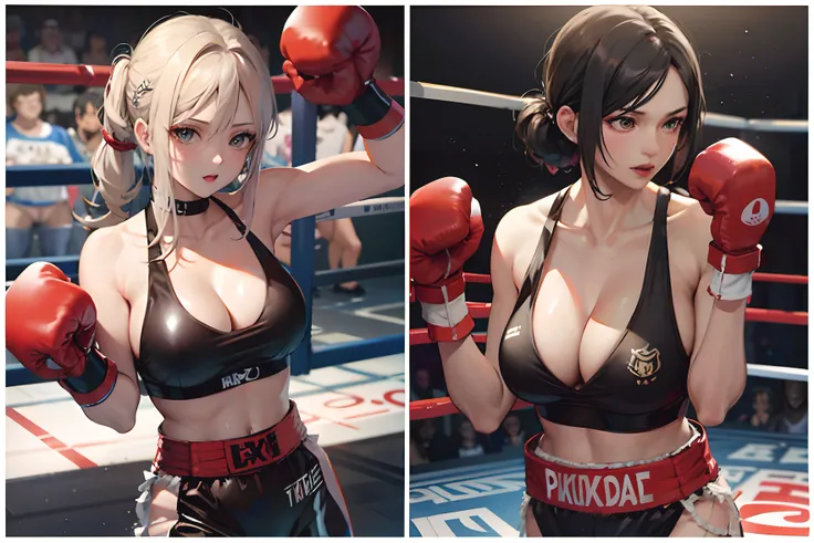 there are two pictures of a woman in a boxing ring, rumble roses, in fighter poses, realistic anime style at pixiv, pixiv 3dcg, kawacy, dead or alive 6, realistic anime 3 d style, fighting game character, fight pose, realistic anime artstyle, characters fr...