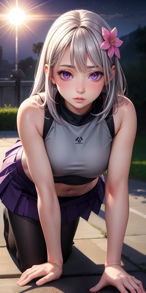 realistic, girl single, gray hair, purple eyes, glowing eyes, crop top, skirt, parted lips, blush, night, flower, sun, sunlight, all fours