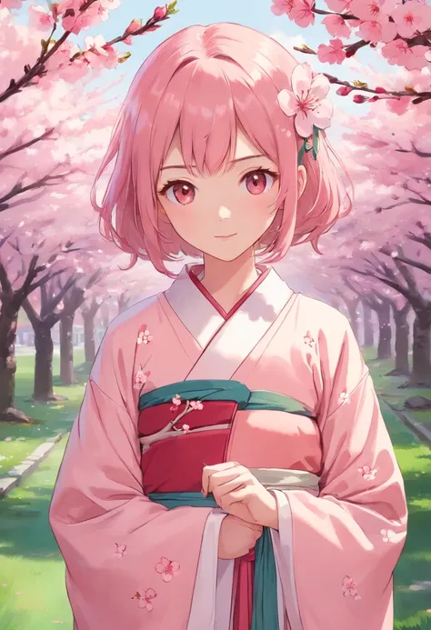 Peach blossom pink straight hair，Wears a pale pink kimono，Holding a cherry blossom branch，in the background, Beautiful cherry blossom trees are scattered with cherry blossoms，She is a sweet girl who stands tall，eyes with brightness