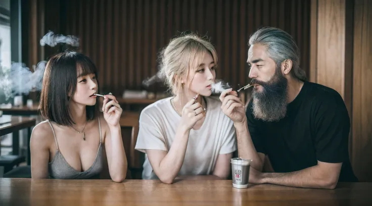 Japan couple in their 20s smoking cannabis、fashionable cafe、Cannabis joint in hand、Tons of smoke coming out of the mouth、Cannabis on the table、marijuana、Buds、RAW image quality、in 8K、16 K、An ultra-high picture quality、Woman with beard man and silver-haired ...