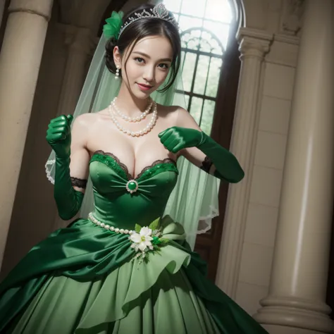 Green Dress Flower Cleanser，Sense of atmosphere, best qualtiy，tmasterpiece，1girll，30-years old，Green dress，Daytime Church，full body Esbian, Green gloves，With short black hair，big breasts beautiful，looking at viewert，ssmile，Green Bridal Veil，Green Long Grov...