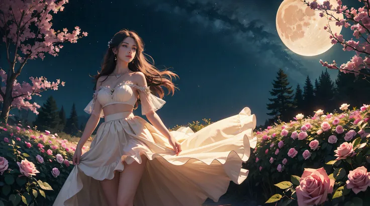 Dramatic landscape style, elegant, clear focus, soft lighting, vibrant colors, masterpiece, 1 girl, (glowing skirt), colorful light skirt, standing in the rose bushes, dreamy scene, glowing particles, soft lighting, forest, (moon), starry sky, clear detail...