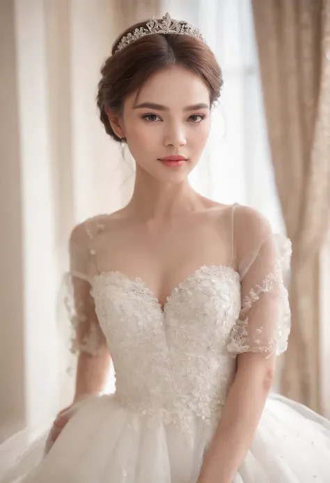 （（best qualtiy））， （（tmasterpiece）） Wedding princess dress，  White petals， Delicate face，Brunette Asian， Portrait, Best quality (Perfect face:1.4), Ultra-realistic Highly detailed, Complex and realistic simulation style photos, Cinematic lighting, studio sh...