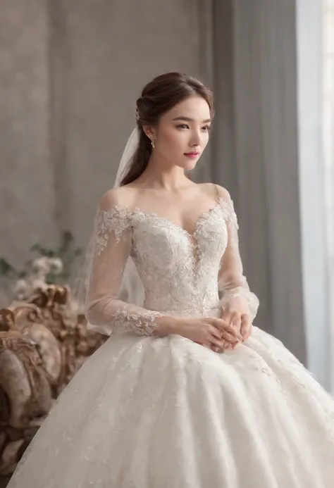 （（best qualtiy））， （（tmasterpiece）） Wedding princess dress，  White petals， Delicate face，Brunette Asian， Portrait, Best quality (Perfect face:1.4), Ultra-realistic Highly detailed, Complex and realistic simulation style photos, Cinematic lighting, studio sh...