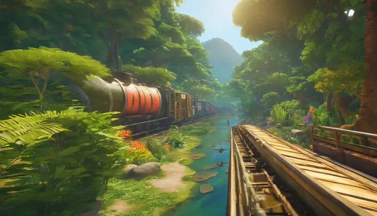 You can use the following prompt for Stable Diffusion to generate a beautiful piece of artwork centered around a minecart on a long track or rails moving across a beautiful jungle:

"(best quality,4k,8k,highres,masterpiece:1.2),ultra-detailed,(realistic,ph...