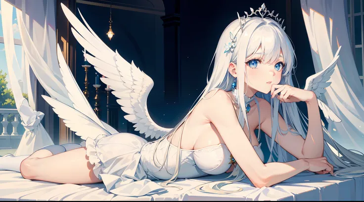 masterpiece, best quality, ultra -detailed, finely detail, White girl, angel, two big wings, white hair, blue eyes, sexy, sexy pose, pastel blue dress, full body, long hair, fringe, pastel blue dress, white shoes, acessories, wings on the back, lying down