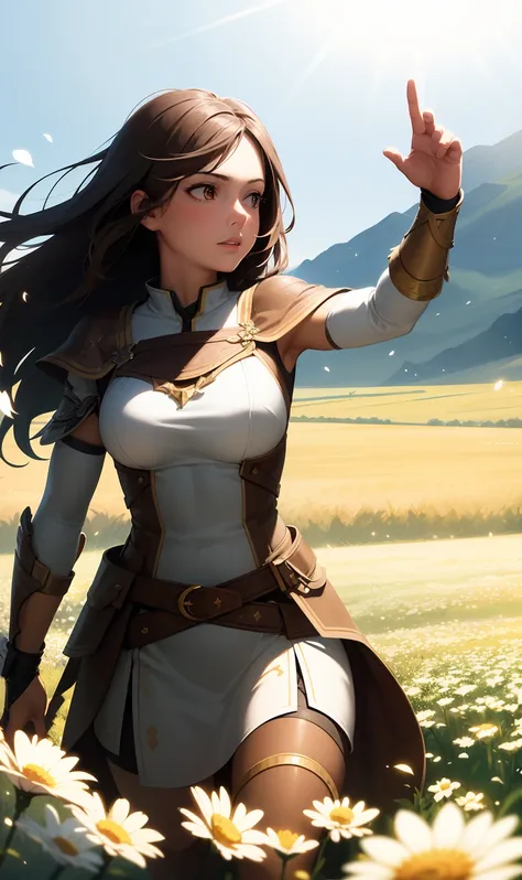 masterpiece, best quality, 1girl, brown hair, brown eyes, female warrior walking through a field of white flowers, dutch angle, cinematic, volumetric lighting, sunbeam, soft lighting, mystical, magical, rim lighting, fantasy, sparkle, glittering