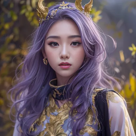 Cornmeal glass 32K（tmasterpiece，k hd，hyper HD，32K）Long flowing bright purple hair，Autumn Pond，zydink， a color， Asian people （Kizi）， （Red scarf）， Combat posture， looking at the ground， long whitr hair， Floating bright purple， Fire cloud pattern gold tiara， ...