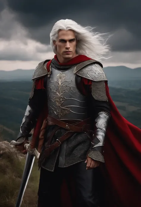 Man, Medieval, white hair, blood red eyes, prince, warrior, early 20s, warrior, with a background on a high hill with cloudy sky