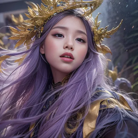 Cornmeal glass 32K（tmasterpiece，k hd，hyper HD，32K）Long flowing bright purple hair，Autumn Pond，zydink， a color， Asian people （Kizi）， （Red scarf）， Combat posture， looking at the ground， long whitr hair， Floating bright purple， Fire cloud pattern gold tiara， ...