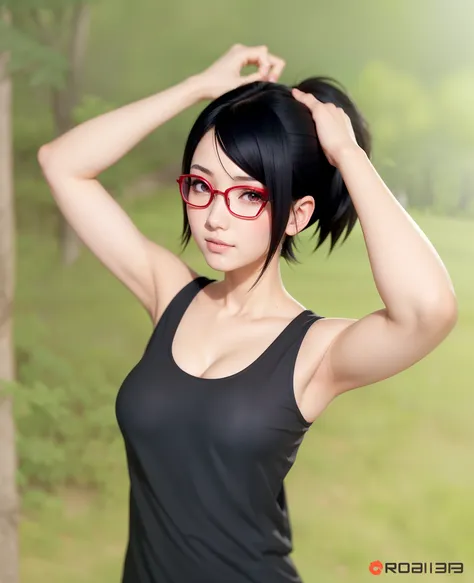 1girl, uchiha sarada in anime boruto, short hair, black hair, red eyes, smile, beautiful, sexy dress, sexy clothes, red clothes,...