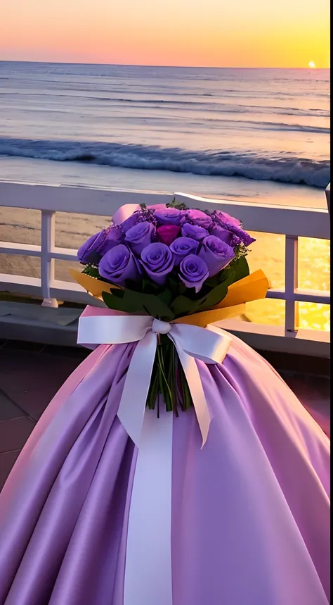 Close-up Shot Shot，Holding a bouquet of purple roses，The background is the gorgeous sunset by the sea，Authentic texture，Warm