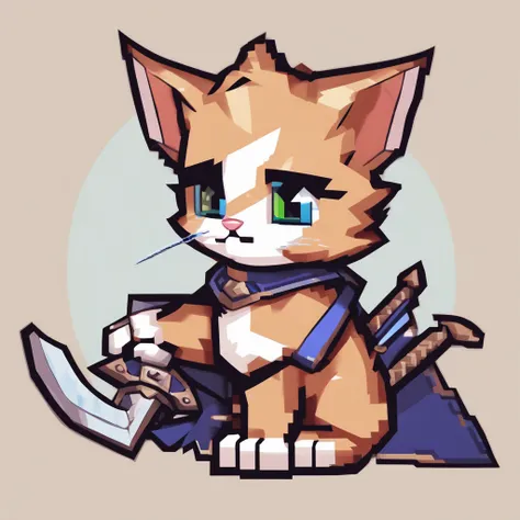 Kitten, nft, pixel art, kitten holding a sword and adventuring, cute, beautiful, colored detailed eyes,