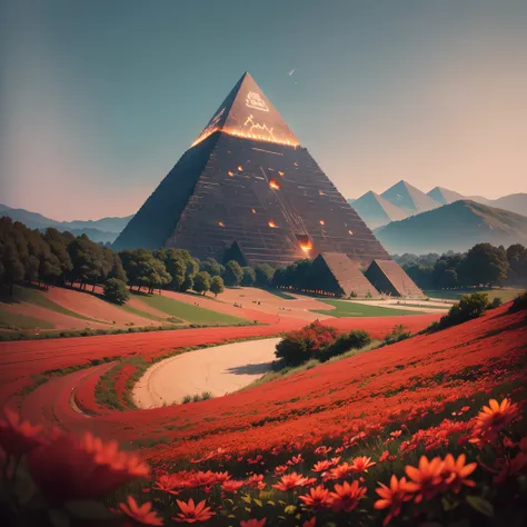 Huge firefly field of red flowers with several people having a picnic, seeing a pyramid-shaped ship --auto --s2