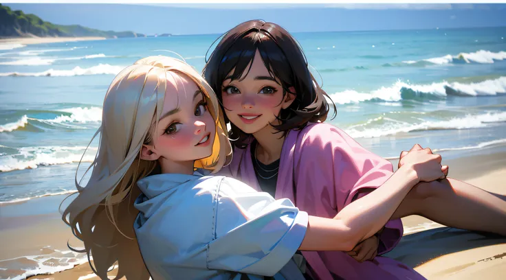 Caucasian friends smiling selfie on the beach together, 30 year old, clear photo, ultra realistic --auto