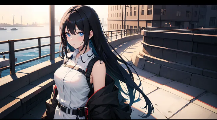 anime girl with black hair and blue eyes in a white shirt, anime girl, best anime 4k konachan wallpaper, from girls frontline, fine details. girls frontline, trending on artstation pixiv, kantai collection style, badass anime 8 k, extremely detailed artger...