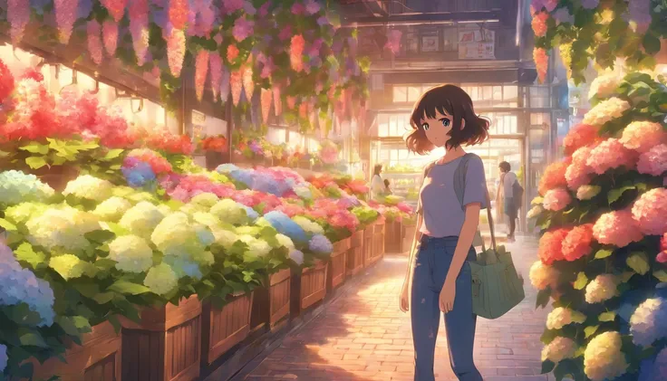 Flower shop、A girl in loose jeans looks at hydrangeas