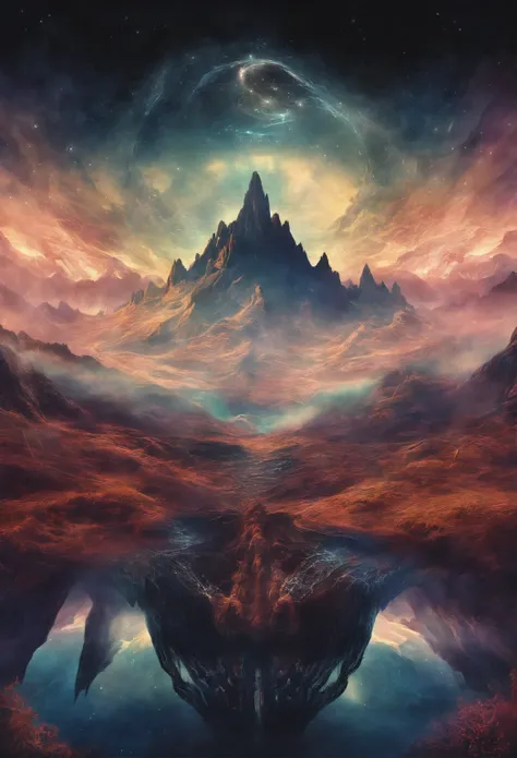 Create a metal album cover that shows towering mountains in the center of the image. El cielo nocturno debe estar lleno de constelaciones brillantes, generando un ambiente oscuro y misterioso. Si es posible, It incorporates a black hole in the background t...