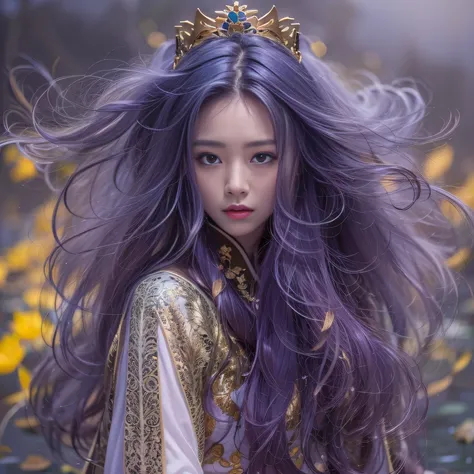 Cornmeal glass 32K（tmasterpiece，k hd，hyper HD，32K）Long flowing bright purple hair，Autumn Pond，zydink， a color， Asian people （Kizi）， （Red scarf）， Combat posture， looking at the ground， long whitr hair， Floating bright purple， Fire cloud pattern gold tiara， ...