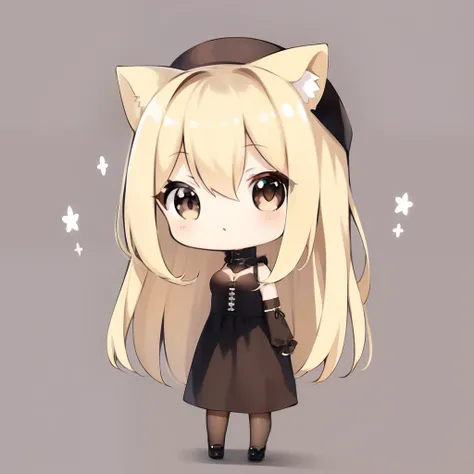 ​masterpiece、detaileds、Soft lighting、Long blonde goth cat ear girl、Brown-eyed chibi、white backgrounid、simple background