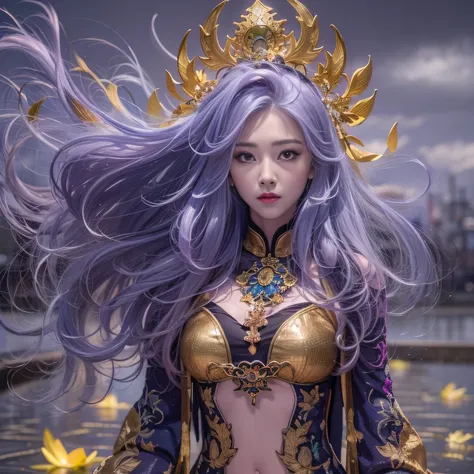 Cornmeal glass 32K（tmasterpiece，k hd，hyper HD，32K）Long flowing bright purple hair，Autumn Pond，zydink， a color， Asian people （Kizi）， （Red scarf）， Combat posture， looking at the ground， long whitr hair， Floating bright purple， Fire cloud pattern gold tiara， ...