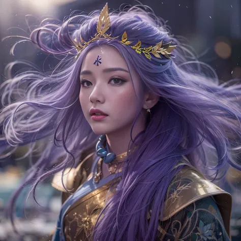 Cornmeal glass 32K（tmasterpiece，k hd，hyper HD，32K）Long flowing bright purple hair，Autumn Pond，zydink， a color， Asian people （Kizi）， （Red scarf）， Combat posture， looking at the ground， long whitr hair， Floating bright purple， Fire cloud pattern gold tiara， ...