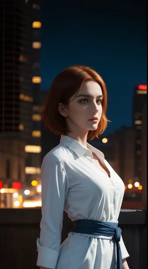 (a beautiful 20-year-old british female assassin), (short ginger hair), (pale skin), (serious looking), (wearing white and blue ...