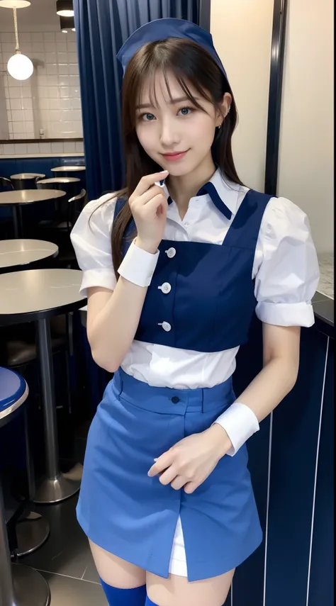 Waitress in a blue miniskirt