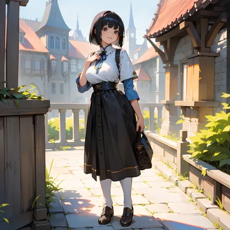 With the best image quality、Teenage girl standing alone outdoors。In high resolution、Beautiful fine details、tranquil atmosphere。((Black Hair Bob Hair))、Cute smile。(((breasts are large)))、I dont have anything in my hands、realistic hand、Medieval European nati...